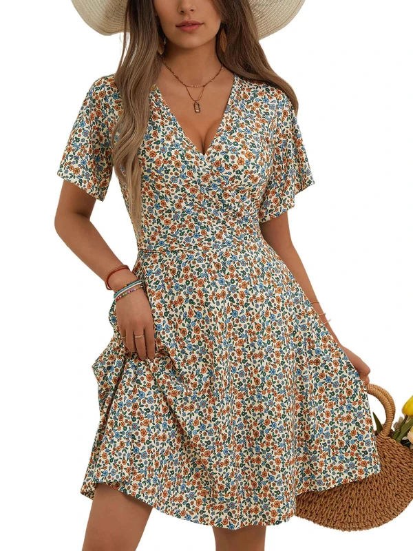 FENSACE Womens Sundress Summer Floral Short Sleeve Wrap V Neck A-Line Midi Dress, Apricot Floral-78, L