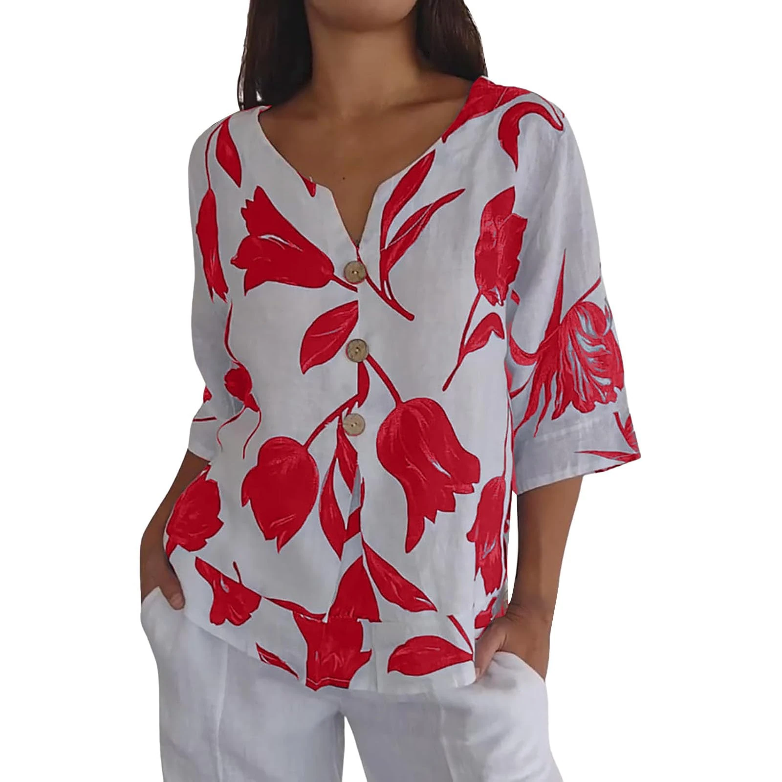 Ladies Linen Tops Size 22 Casual Plus Size Work Tshirt Sales Womens Cotton Linen Tshirt Top Summer Casual Gifts Fit Blouse Tunic Floral Print Button Tee Short Sleeve Top (01-C-Red, XXXL)