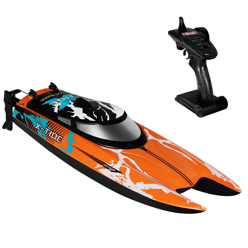 OVERMAX RC Boat 25km/h X-TIDE Fast Remote Control Speedboat with 2 Batteries, 34 Min Playtime, 100m Range, Auto Flip, Remote control boat with LED, Demo Mode, Water Cooling, Racing Toy for Kids Adults