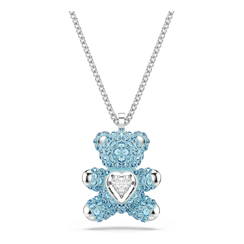 Swarovski Teddy Pendant Necklace, 3D Bear with Blue Crystals and Central Clear Heart-Shaped Dancing Stone in a Rhodium-Finished Setting, Part of the Teddy Collection