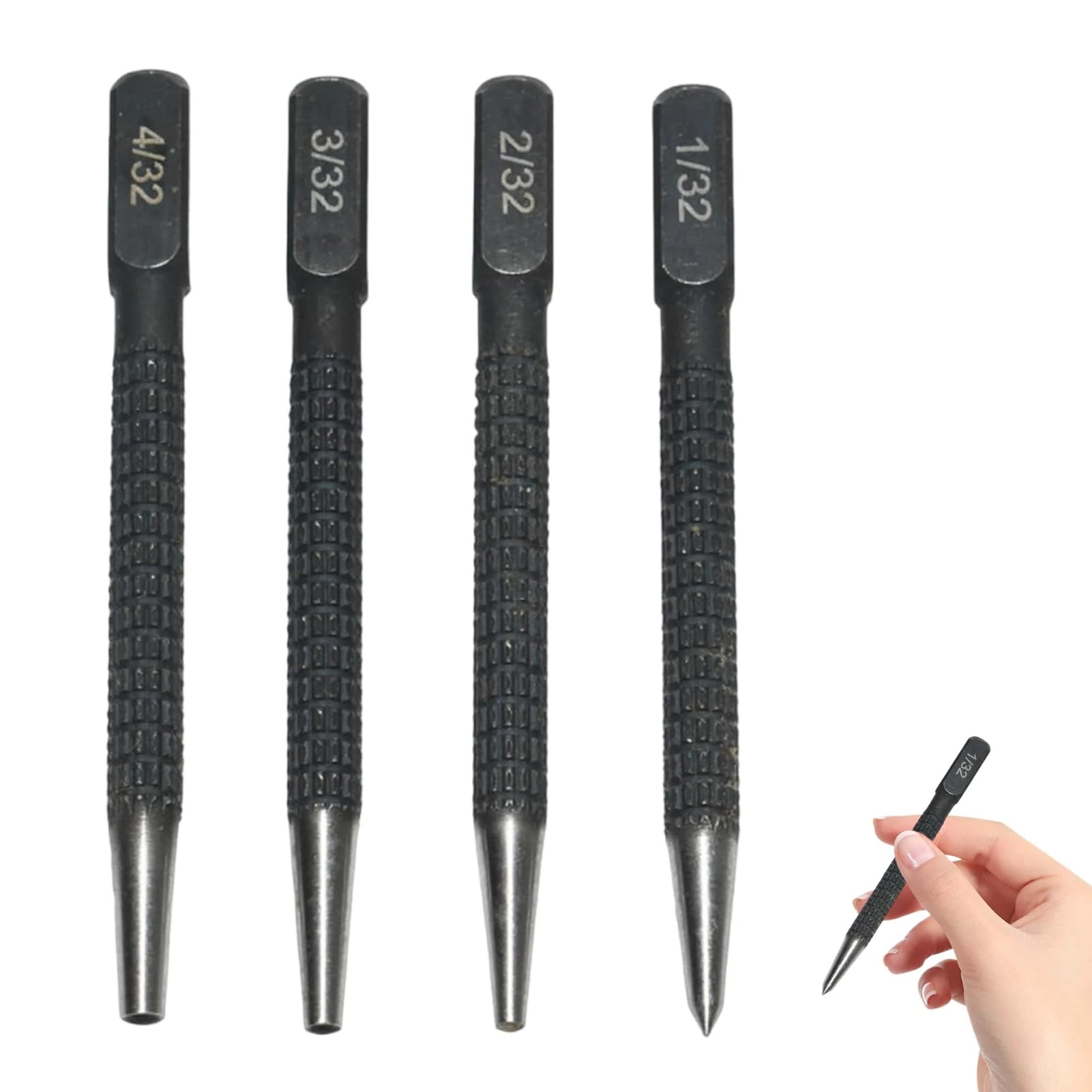 Debbery 4Pcs Positioning Punch Set, Portable Nail Punch, Metal Knurled Non Slip Housing, Nail Punch Set for Wood, 1/32, 2/32, 3/32, 4/32, Black