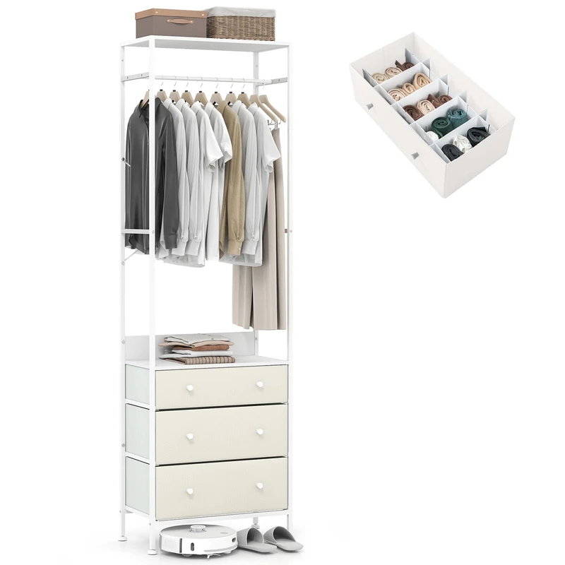CASART Freestanding Closet Organizer, Open Wardrobe Coat Stand with 3-position Hanging Rod, Storage Shelves & 3 Fabric Drawers, Heavy-duty Clothes Rails for Entryway Bedroom Cloakroom (White)