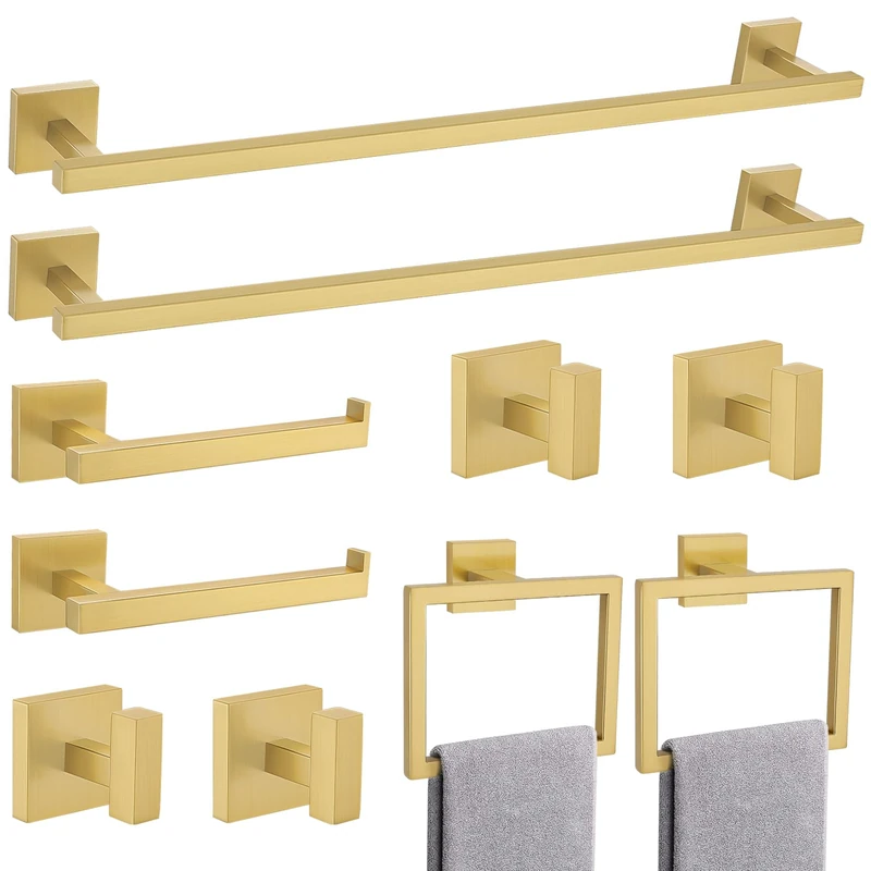 TQKAG Brushed Gold Bathroom Hardware Accessories Set 10 Pieces, 23.6" SUS304 Stainless Steel Towel Bar Set Wall Mounted Includes Single Towel Bar, Towel Ring, Toilet Paper Holder, Double Towel Hooks