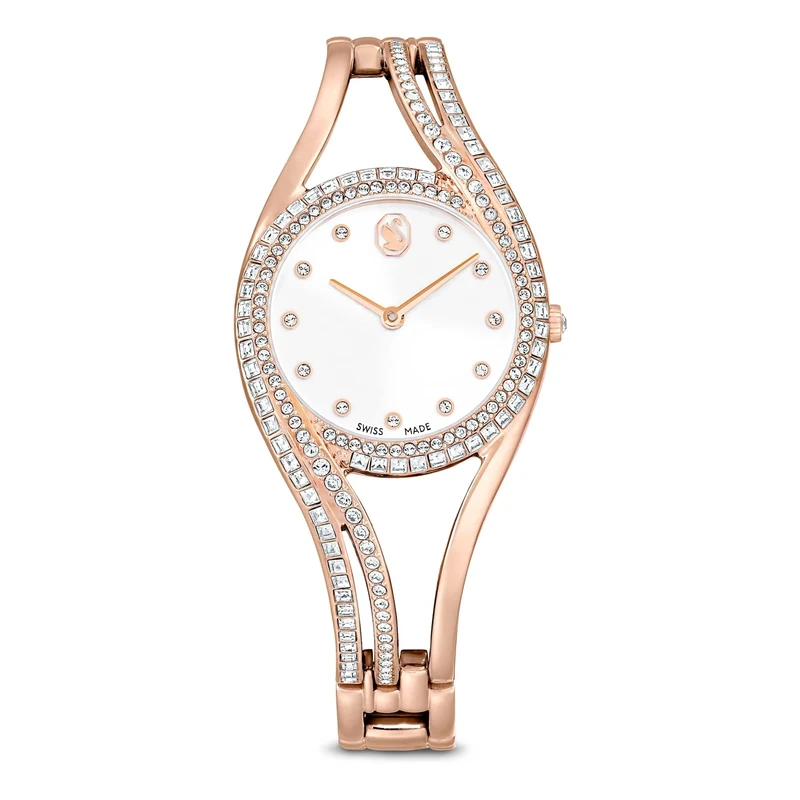Swarovski Hyperbola Bangle Watch, Swiss-Made & Water-Resistant Stainless Steel Wristwatch, Rose Gold-Tone Finish with Clear Crystals & Metal Bracelet Strap, Part of The Hyperbola Collection