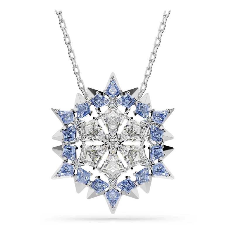 Swarovski Magic Pendant Necklace/Brooch, Snowflake Motif with Blue and Clear Kite-Cut Crystals in a Rhodium-Finished Setting, Part of the Magic Collection