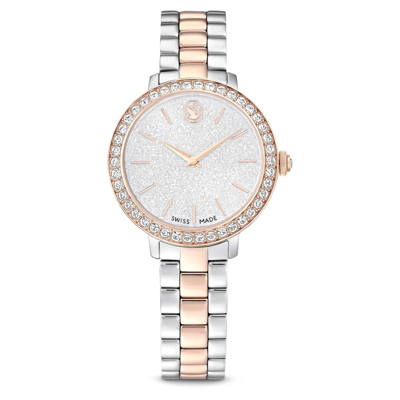Swarovski Matrix 3-Link Watch, Swiss-Made & Water-Resistant Stainless Steel Wristwatch, Silver/Rose Gold-Tone Finish with Clear Crystals & Metal Bracelet Strap, Part of The Matrix Collection