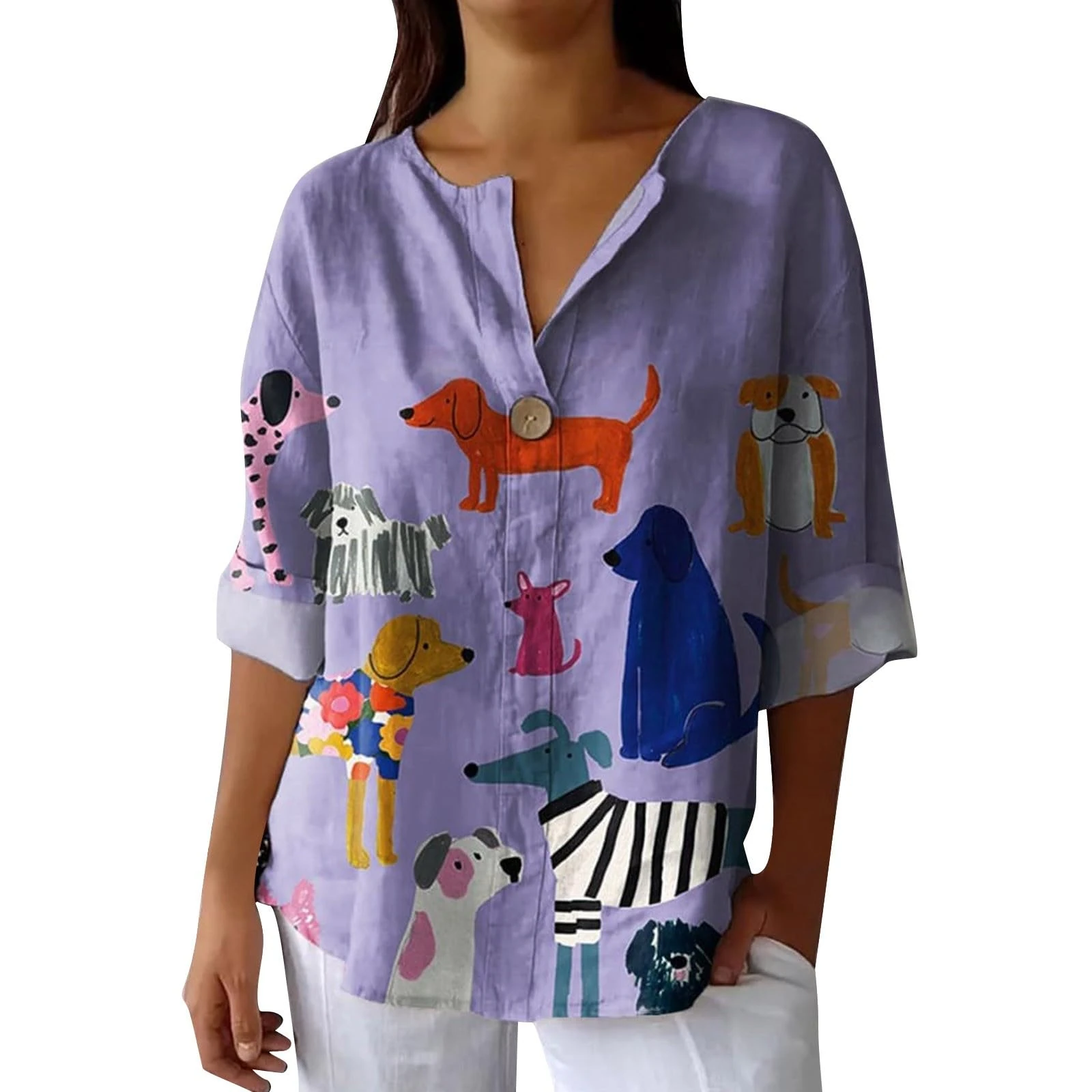 Hrjxfpt Linen Tops for Women UK Plus Size 22-24 Size 16 Sequin Wedding Clothes Sale Clearance Ladies' Fashion Printed Single Button Long Sleeve Top (01-D-Purple, XXXL)