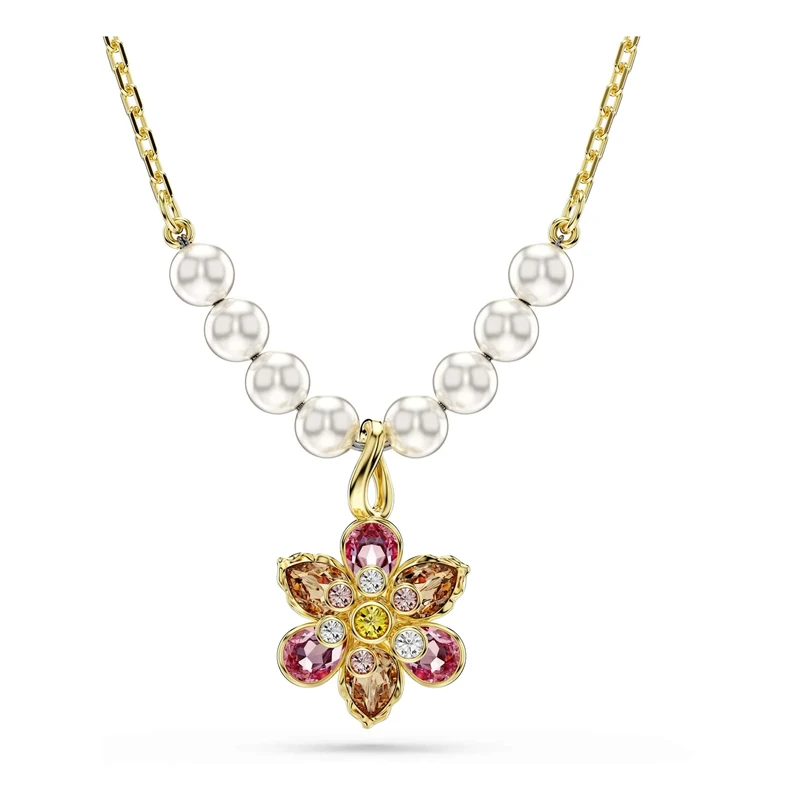 Swarovski Idyllia Pendant Necklace, Flower Motif with Multicoloured Mixed-Cut Crystals and Crystal Pearls in a Gold-Tone Finished Setting, Part of the Idyllia Collection