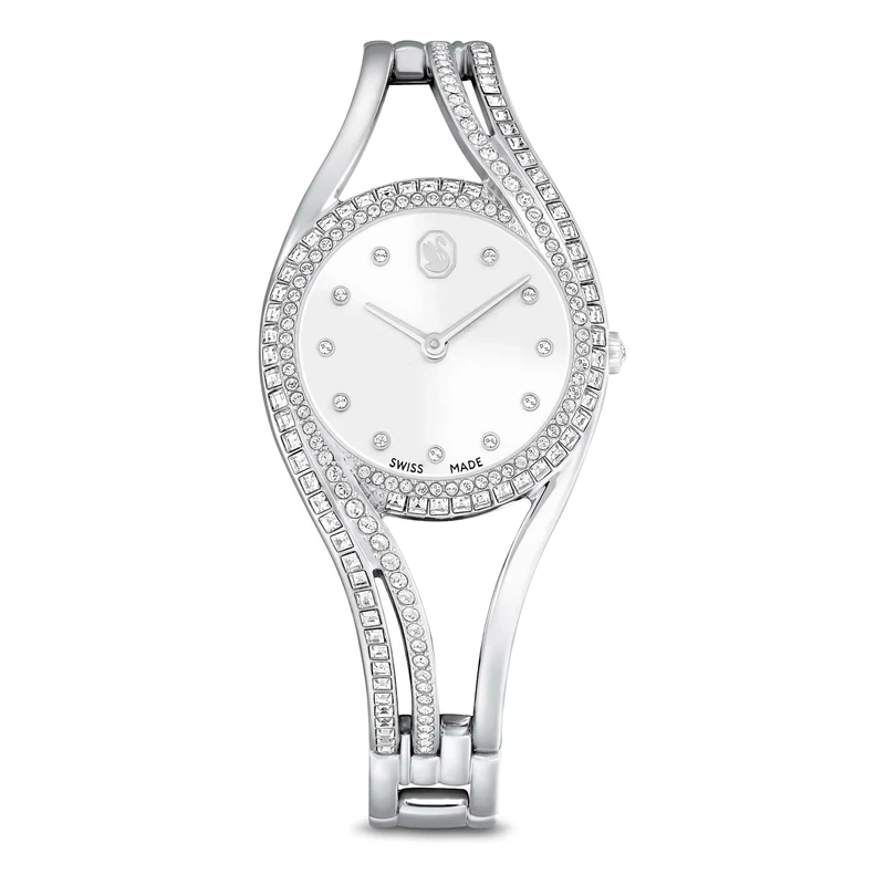 Swarovski Hyperbola Bangle Watch, Swiss-Made & Water-Resistant Stainless Steel Wristwatch, Silver-Tone Finish with Clear Crystals & Metal Bracelet Strap, Part of The Hyperbola Collection