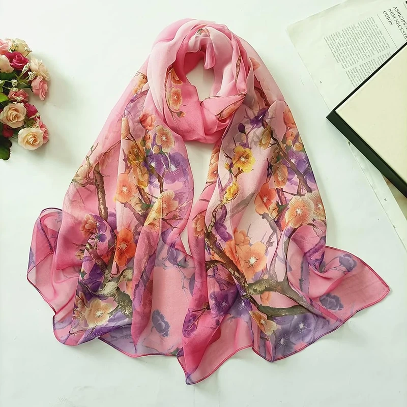 Scarfs for Women Lightweight Fashion Scarves Elegant Floral Pattern Sheer Scarfs Sunscreen Shawls Wraps, Rose Red, 63*19.68