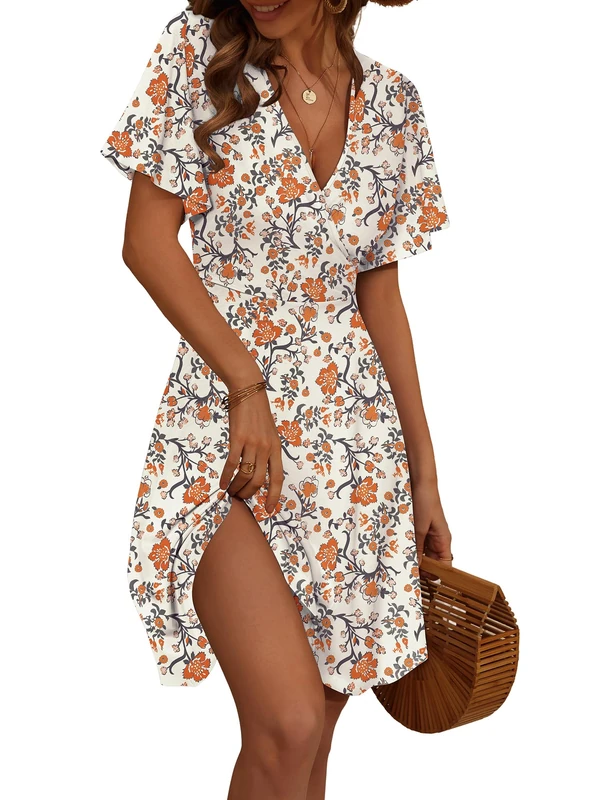 FENSACE Womens Sundress Summer Floral Short Sleeve Wrap V Neck A-Line Midi Dress, Wihte Orange Floral-79, XL - Image 1