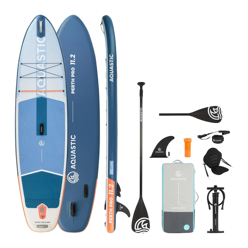 AQUASTIC SUP Board Perth Pro 11'2" - Robust and Lightweight (9 kg) Drop Stitch Lite Construction, 165 kg Load Capacity, 4 D-Rings, Paddle Holder, Bungee Cargo, Leash 300 cm, Backpack 45 x 25 x 92 cm
