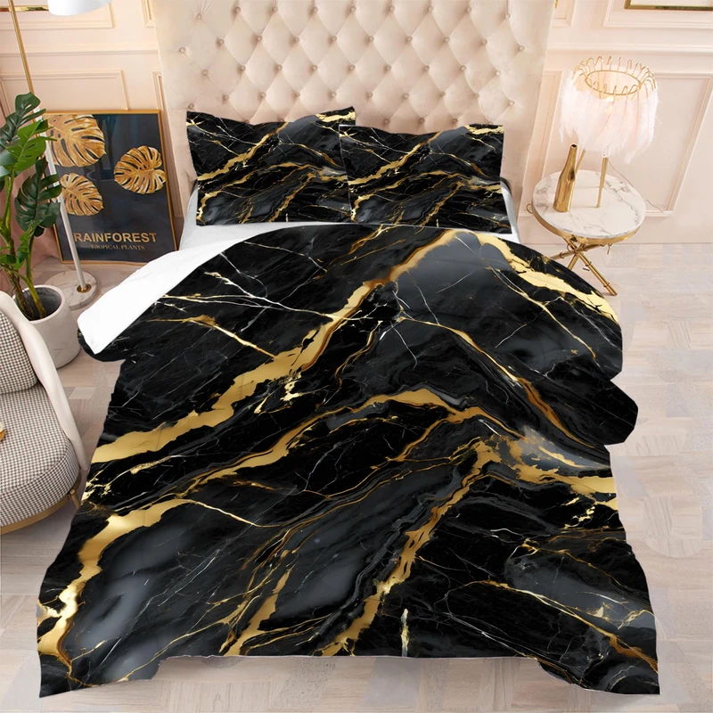 EDGZKO Black Marble Comforter Queen: Abstract Black and Gold Comforter Set Modern Marbling Luxury Quilt Bedding Set 3PC for Men Women Adults Bedroom 1 Comforter & 2 Pillowcases