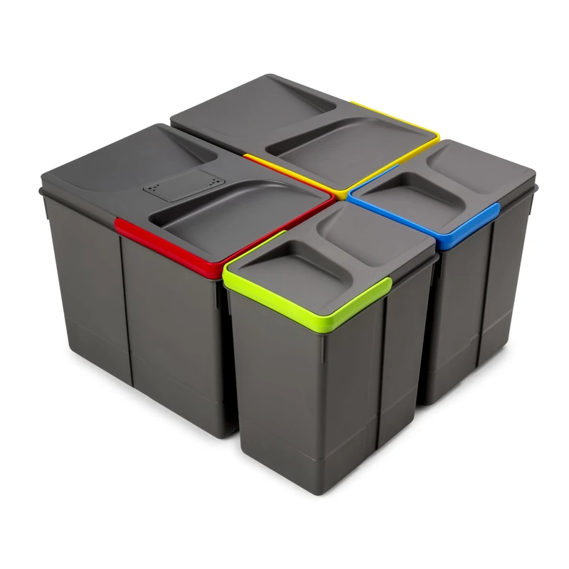 Emuca - Containers for kitchen drawers with odour-proof lid,waste sorting cut-out base, H 266 mm (10,4 inch), 2 x 15 L + 2 x 7 L, Anthracite grey Plastic