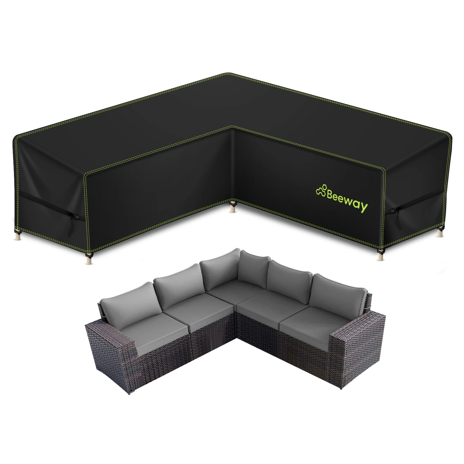 BEEWAY Garden Furniture Cover Waterproof V Shape, Outdoor Patio Rattan Corner Sofa Cover L Shaped - 420D Oxford Fabric, Windproof - 255/255x87x80/66cm