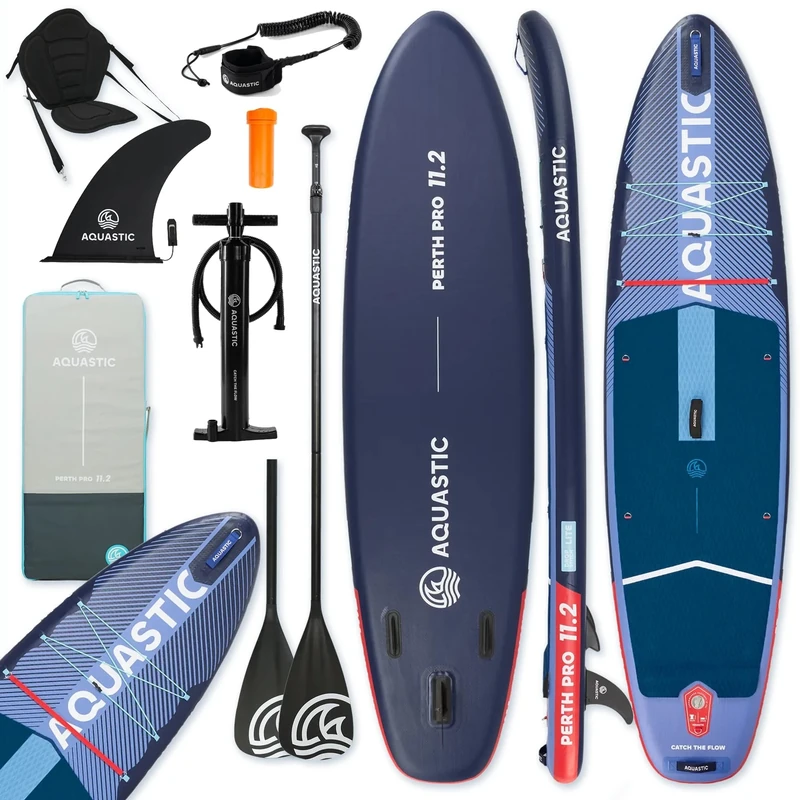 AQUASTIC SUP Board Perth Pro 11'2" - Load Capacity 165 kg, Weight 9 kg, Drop Stitch Lite, Eva 5 mm Non-Slip, Paddle 2-in-1, Fin 9", Leash 300 cm, 2-Way Pump, Backpack 45 x 25 x 92 cm