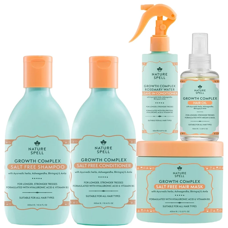 Nature Spell Growth Complex Set for Hair Growth, Includes Shampoo, Conditioner, Hair Mask, Rosemary Leave-In Conditioner and Oil, Vegan, Pack of 5
