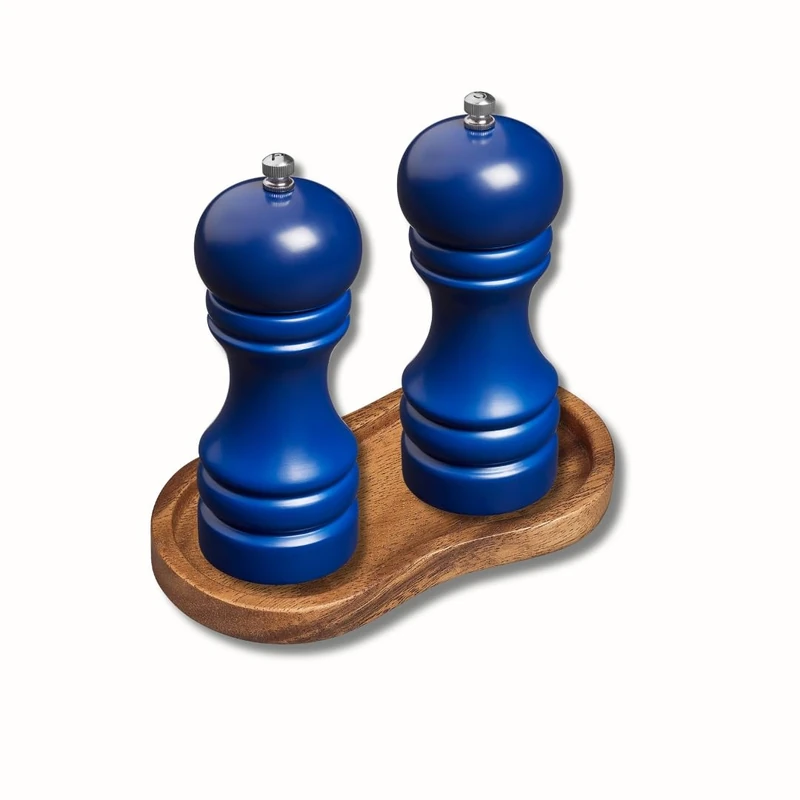 Tala Wooden Salt&Pepper Mill Set with Fully Adjustable Ceramic Grinder with course and fine settings,Comes in Blue Colour,Comes with Acacia Wood Mill Rest,Perfect for Restaurant use,Made with FSC Wood