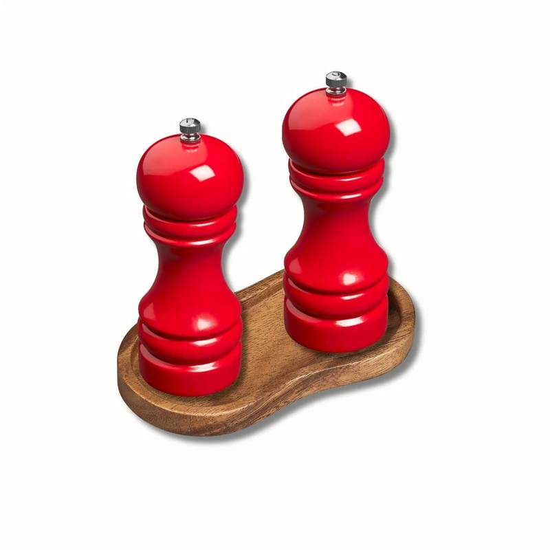 Tala Wooden Salt & Pepper Mill Set with Fully Adjustable Ceramic Grinder with Course and fine Settings, Comes in Red Colour, Comes with Acacia Wood Mill Rest,Perfect for Restaurant use