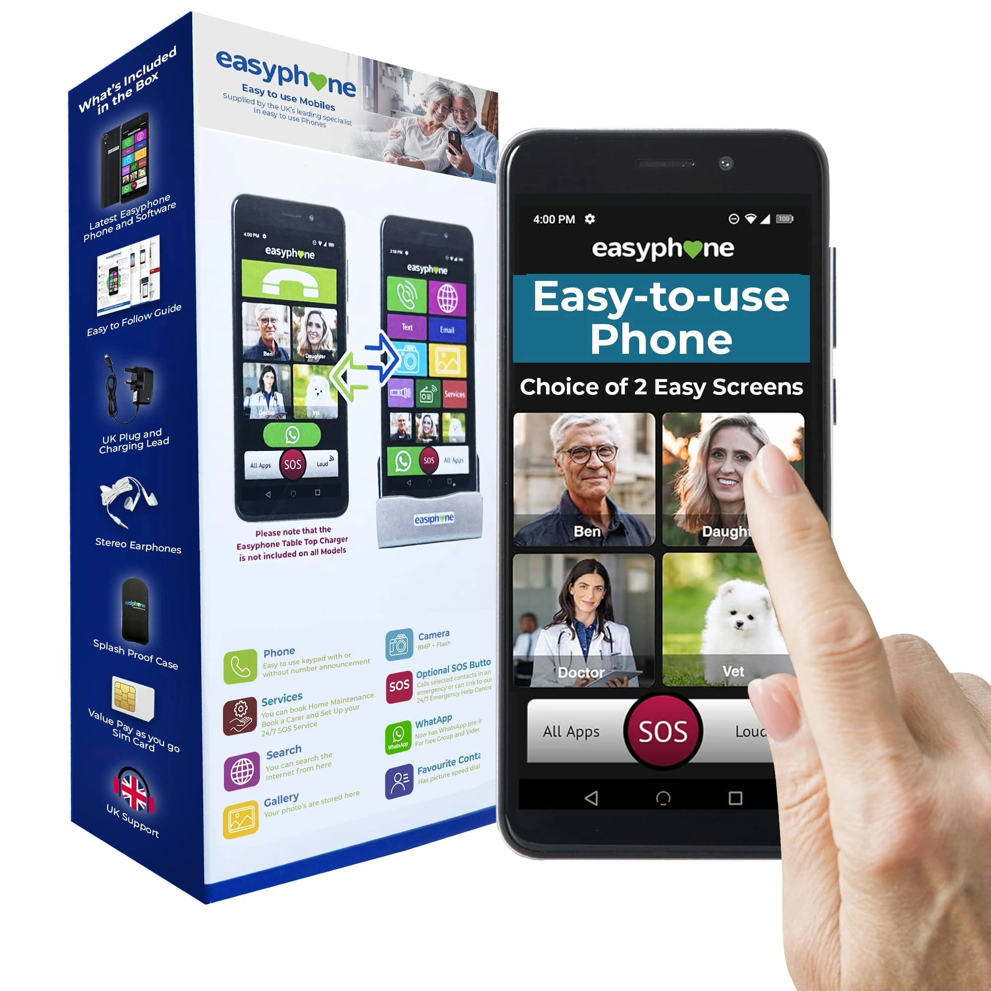 Easyphone Simple Smartphone – Easy to Use, Unlocked Mobile for Elderly, 6.5" Bright Screen, Loud, 4G SOS GPS, UK Support, WhatsApp, Charging Dock & Case – No Contract, All Networks - Latest Software