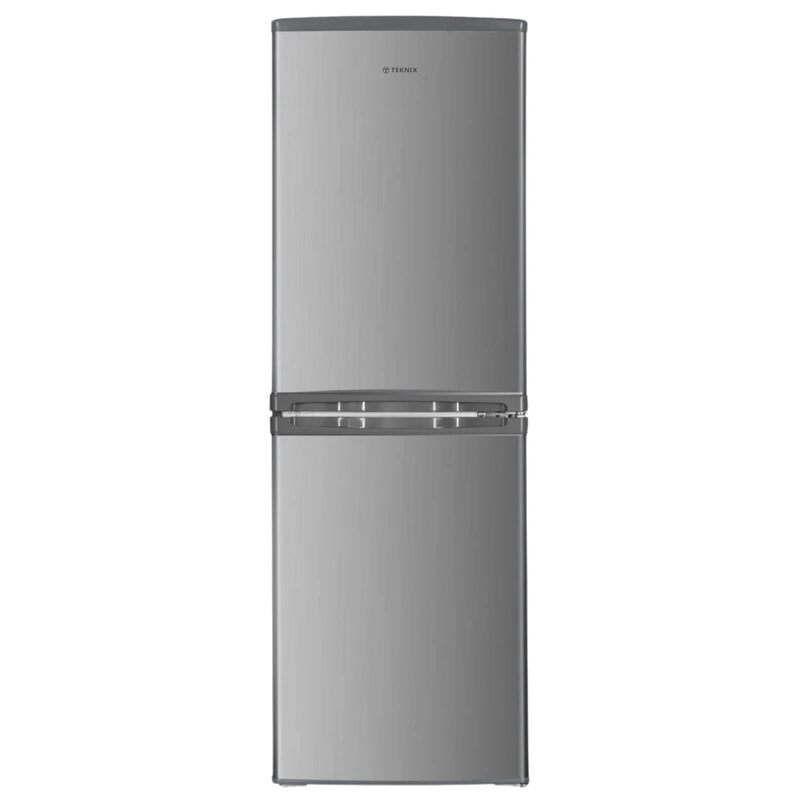 Teknix STF1448S Freestanding 50/50 Fridge Freezer, Compact 142L Capacity, Adjustable Temperature Control and Legs, Reversible Doors, 4 Star Freezer Rating - in Silver