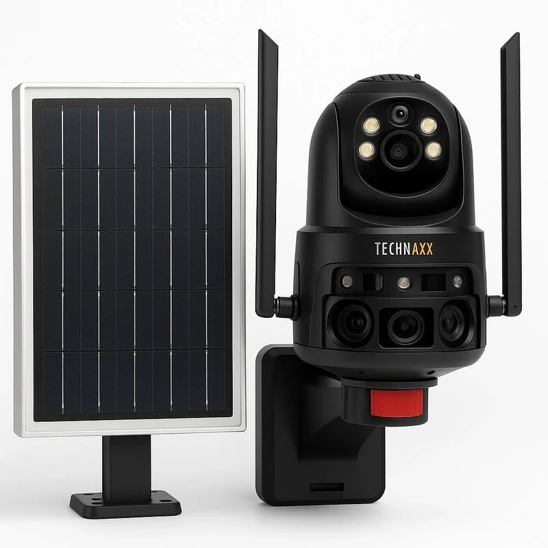 Technaxx 4G Dual Camera Outdoor Security Cam with 8W Solar Panel TX-329-3MP FullHD, 345° Rotation, Night Vision, 8000mAh Battery, PIR Motion Sensor, 2-Way Audio, IP65, 0.4s Trigger Time