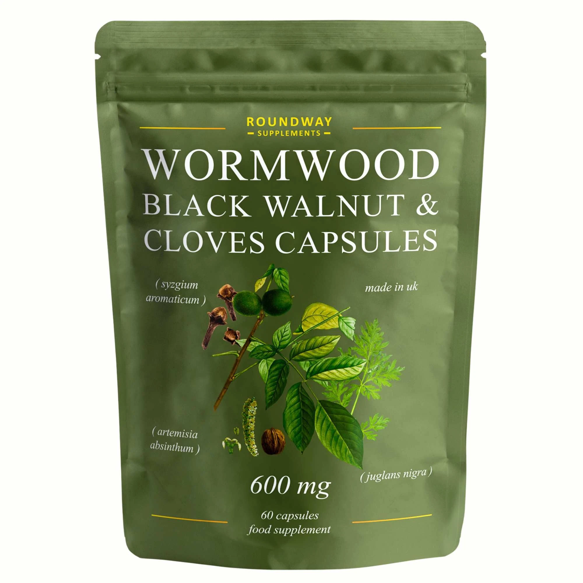 Wormwood Black Walnut and Clove Capsules | High Strength Supplement for Humans | 2 Months Supply | 60 Capsules, 600mg per Serving | Vegan Supplement and UK Made (Pack of 1)