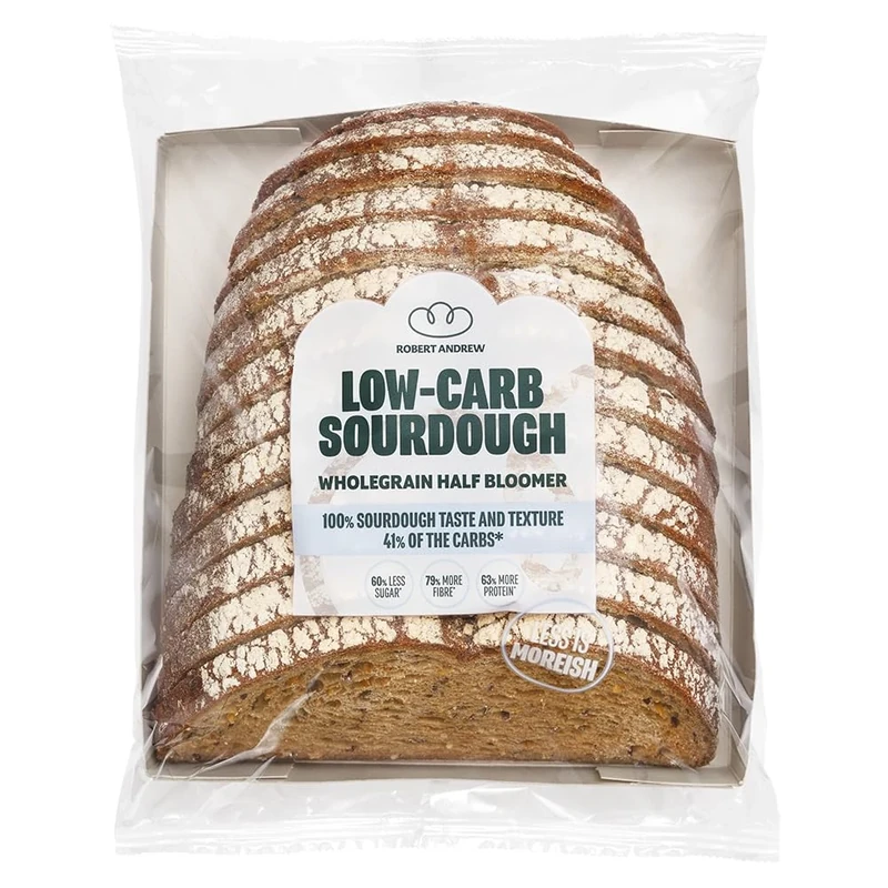 ROBERT ANDREW Low Carb Sourdough Wholegrain Bread - 5.6g Carbs, 7g Protein, Sliced High Protein Half Bloomer, Low Calorie Keto Loaf, Low Sugar Ketogenic Diet, Diabetic Food, 88 Calories – 400g