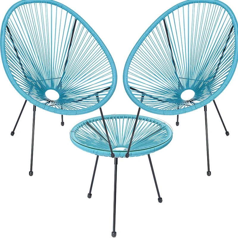 Shally Dogan Freddy Conversation Set Garden Furniture in Polyrattan Two Seater with Coffee Table, 2 Egg Armchairs, 1 Outdoor Table, Living Room Patio, Balcony, Restaurant, Bistro, Bar (Blue) - Image 1