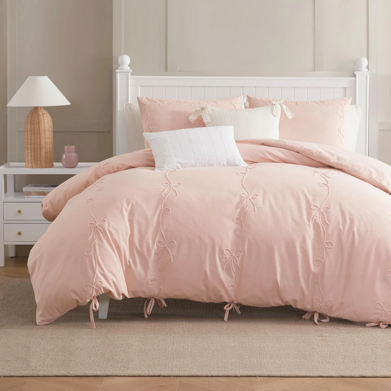 Peri Home Bow Bedding Duvet Cover Cottage Core Vintage Country 100% Cotton 2-Piece Set, Twin, Blush Sasha Bows