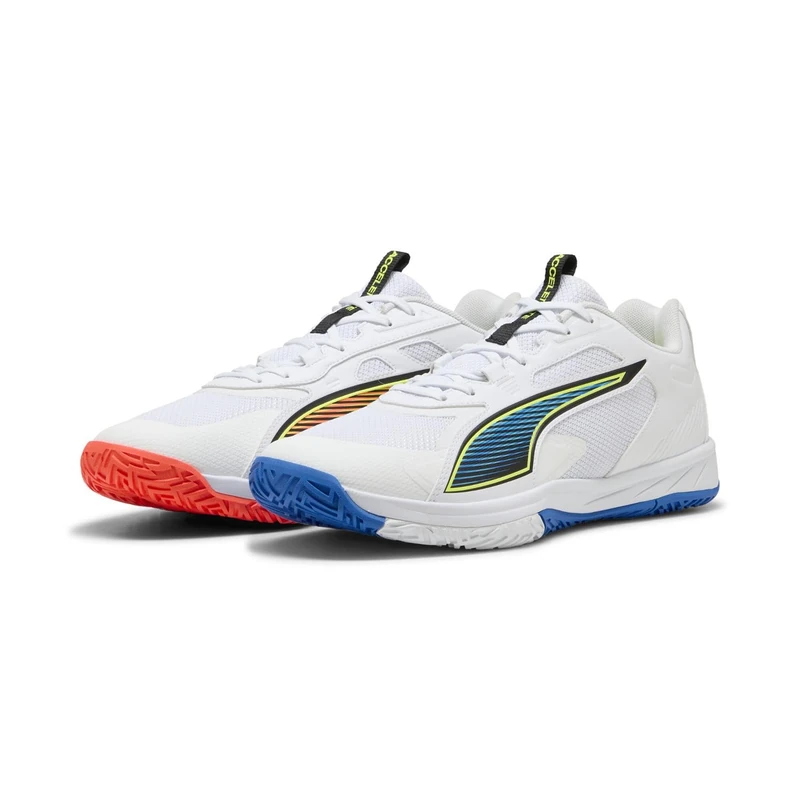 PUMA Unisex Accelerate PRO 4 Game ON Indoor Court Shoe, White-Glowing RED-Ultra Blue, 10.5 UK