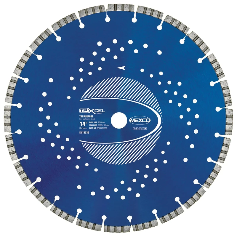 Mexco Tri-Purpose Diamond Blade 350mm XCEL Grade – Superior, High-Performance Multi-Material Cutting Disc for Concrete, Asphalt, Slate, Brick - 300mm, 10mm Segment Height, 20mm Bore
