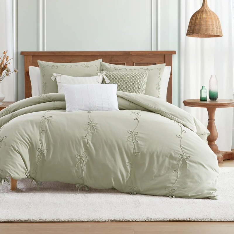 Peri Home Bow Bedding Duvet Cover Cottage Core Vintage Country 100% Cotton 2-Piece Set, Twin, Green Sasha Bows - Image 1