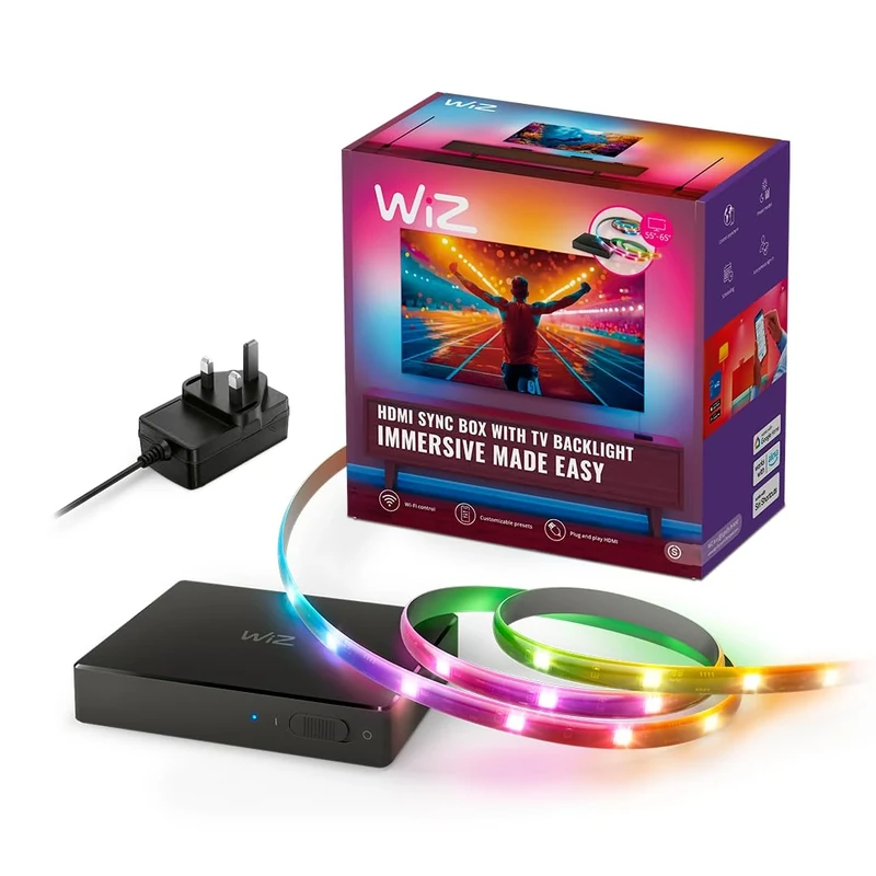 WiZ HDMI Sync Box with TV Backlight – Syncs Light to Your Movies, Games and Music - HDMI 2.0 – Supports 4K at 60Hz - RGBIC LED Strip for 75"-85" TVs - App/Voice Control, Works with Google and Alexa