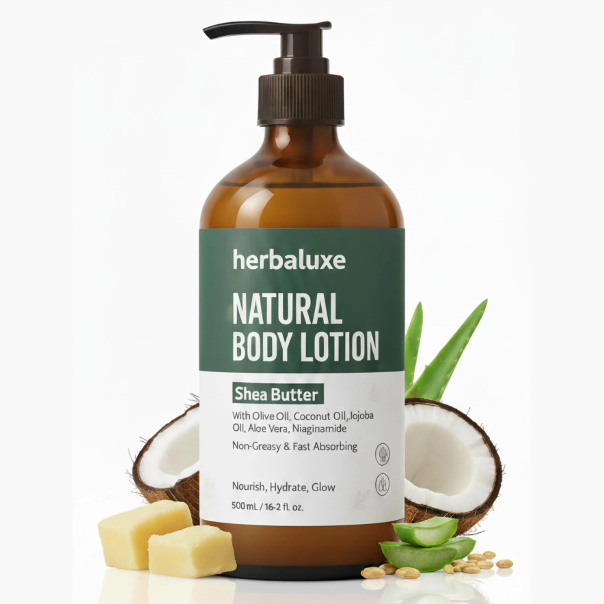 Herbaluxe Natural Body Care Cream 500ml – Organic Aloe Vera, Coconut Oil & Shea Butter Moisturising Lotion with Vitamin E | Vegan Herbal Skincare for Soft, Hydrated, Healthy Skin