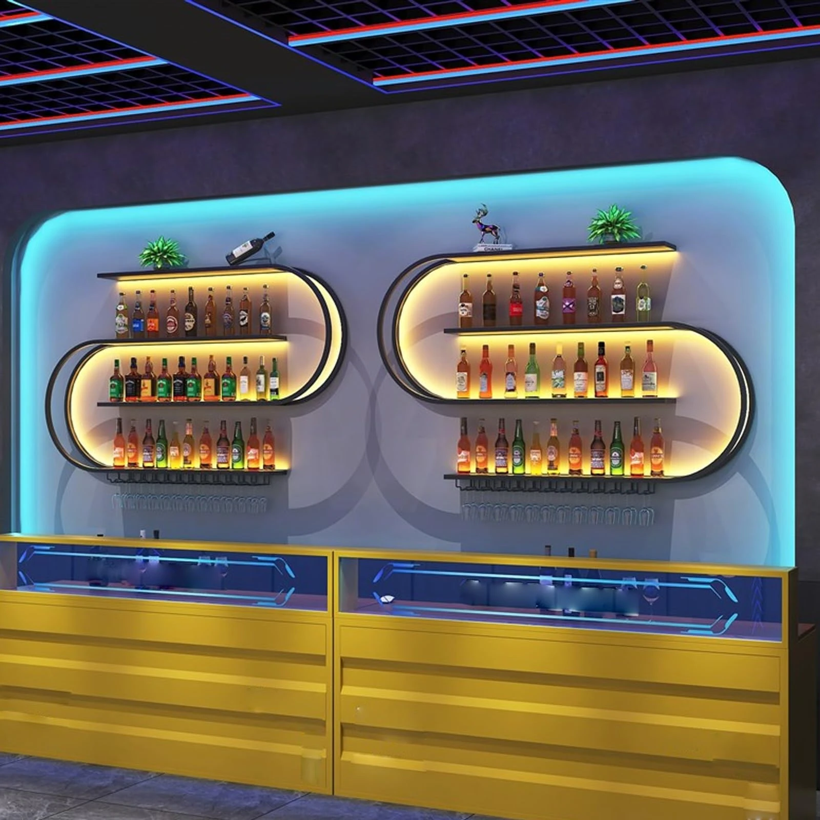 TUPAFJU Wall-Mounted Wine Rack with Led Light,wall wine rack,bar shelves,bar shelf wall mounted,wine glass holder,wall shelves for Home Bar,Dining Room,wine glass storage(Yellow light,118in)