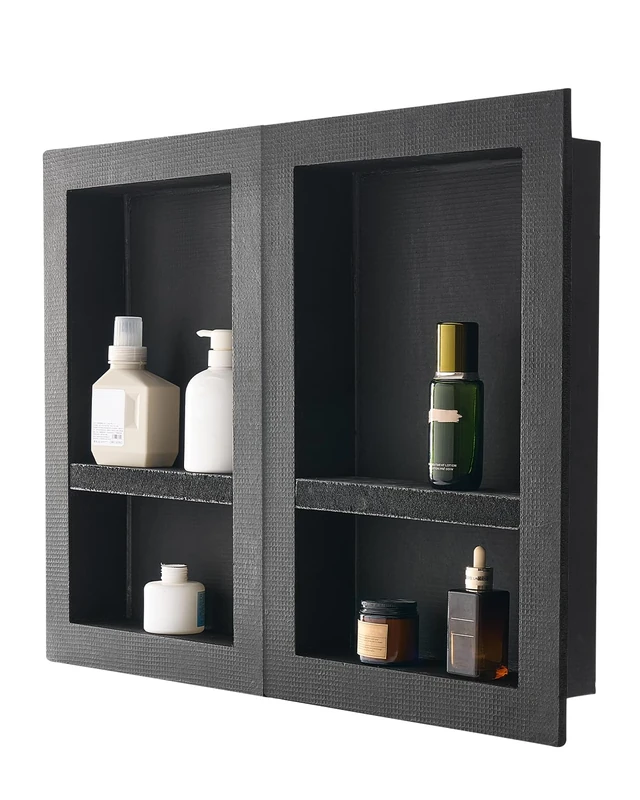 VEVOR Shower Niche, 40.6 x 61.0 cm + 40.6 x 61.0 cm Recessed Wall Niche with Movable Shelf, 10.2 cm Thick Modern Soap & Shampoo Storage Organizer,Square Corners,Sealed Waterproof, Black for Bathroom