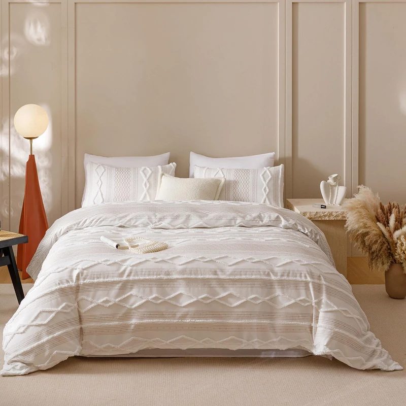 Wellboo Beige Tufted Jacquard Comforter Queen Size Boho Cream Khaki Bedding