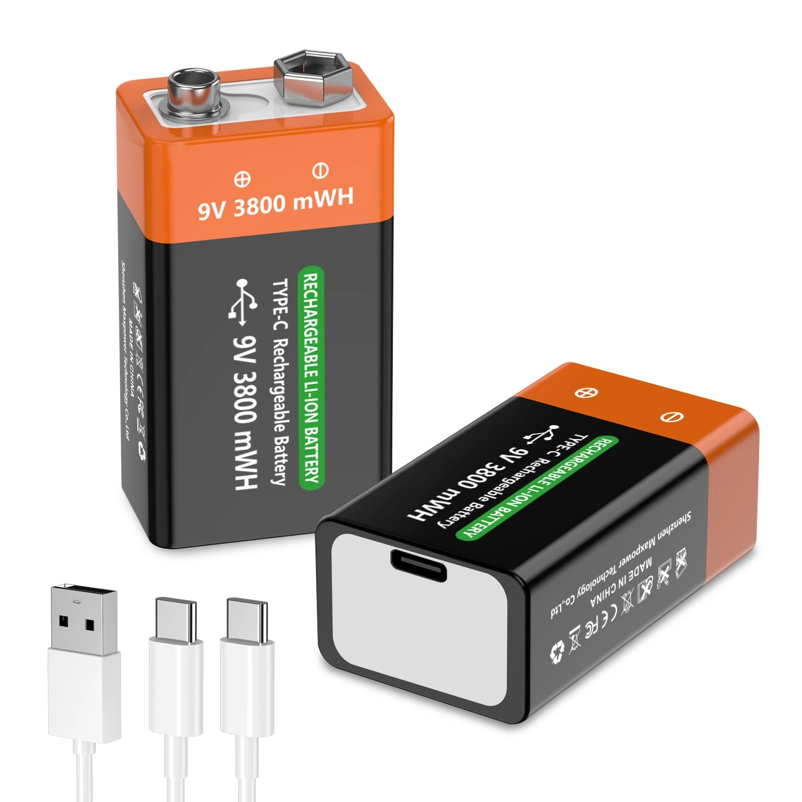 9V Rechargeable Battery 3800mWh High Capacity Lithium Batteries, 9 Volt Square Batteries for Smoke Detectors, Microphone, Alarms, Toys, Torches, Medical Devices etc