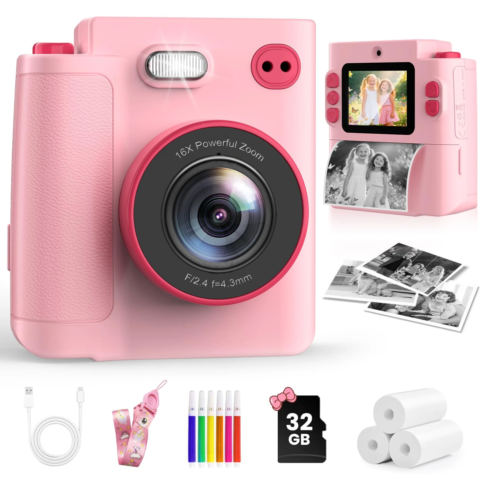 MYSTILUCK Kids Camera Instant Print, 1080P Instant Camera for Kids, Children Digital Cameras with 32GB Card & 3 Rolls Photo Paper, Christmas Birthday Gifts Toys for Boys & Girls Aged 3-12（Pink）