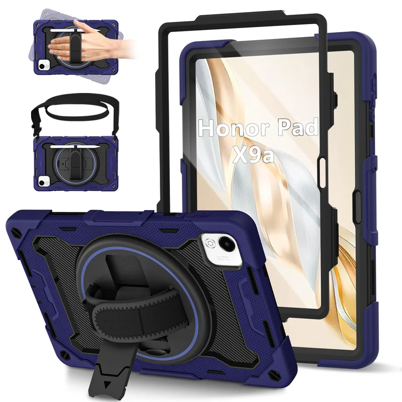 ROSROME for Honor Pad X9a Case 11.5 inch 2025 with HD Screen Protector, Shockproof Heavy Duty Kids Cover with 360°Rotating Stand/Shoulder Strap/Pen Holder for 11.5" Honor X9a Tablet Case, Navy Blue