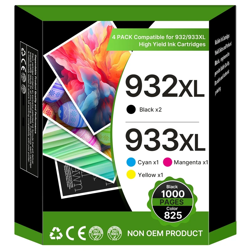 Washope 932XL 933XL Ink Cartridges Multipack Compatible for HP 932 933 XL for Officejet 7510 7612 7110 6600 6700 6100 7610 6110 Printer (2 Black 1 Magenta 1 cyan 1 Yellow, 5 Pack)
