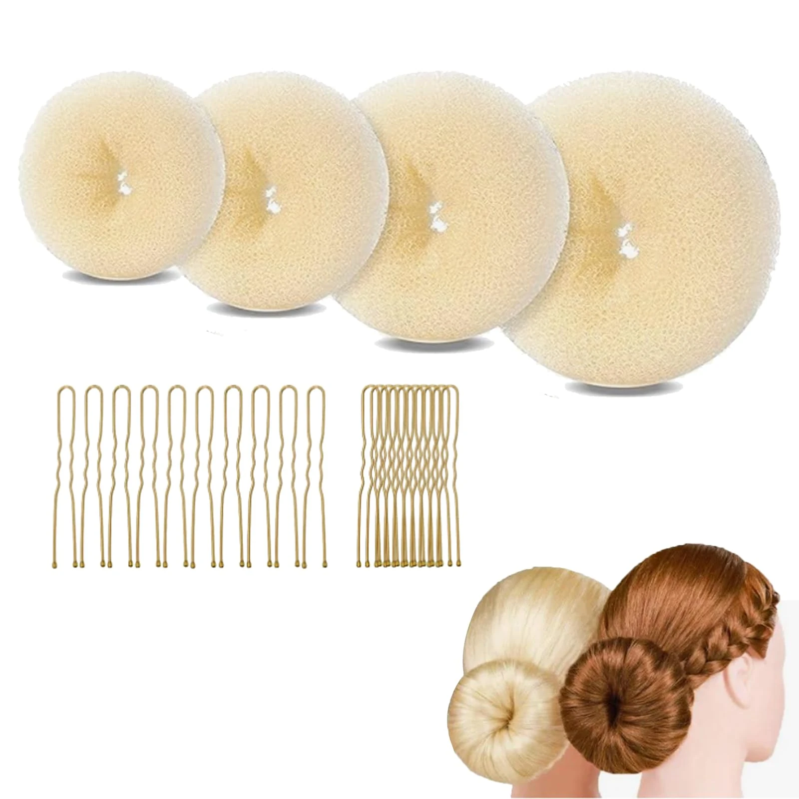 4 Pcs Hair Bun Shaper Set,Ring Style Hair Donuts for Buns With 20 Golden Bobby Pins,Beige Hair Bun Maker for Girls Kids Women DIY Chignon Hair Styles Dancer Ballerina(Four different sizes)