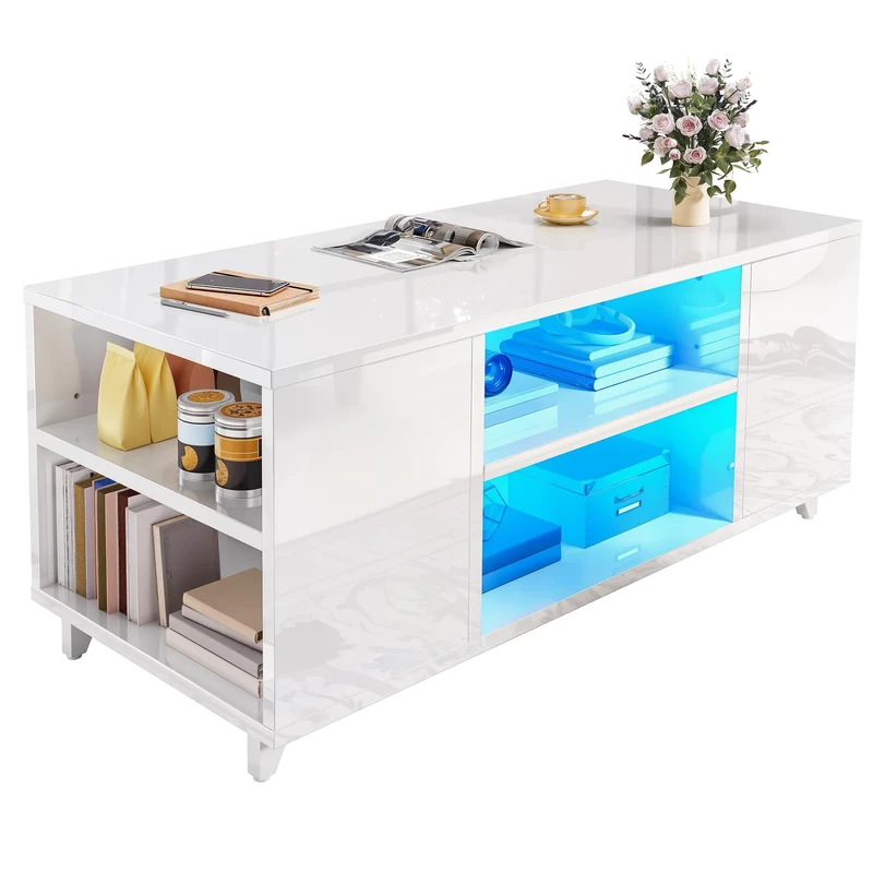 YITAHOME Coffee Table White Living Room Table High Gloss with 16-Colour LED Lighting Modern Sofa Side Table with Adjustable Shelf 97.5 x 48 x 45 cm