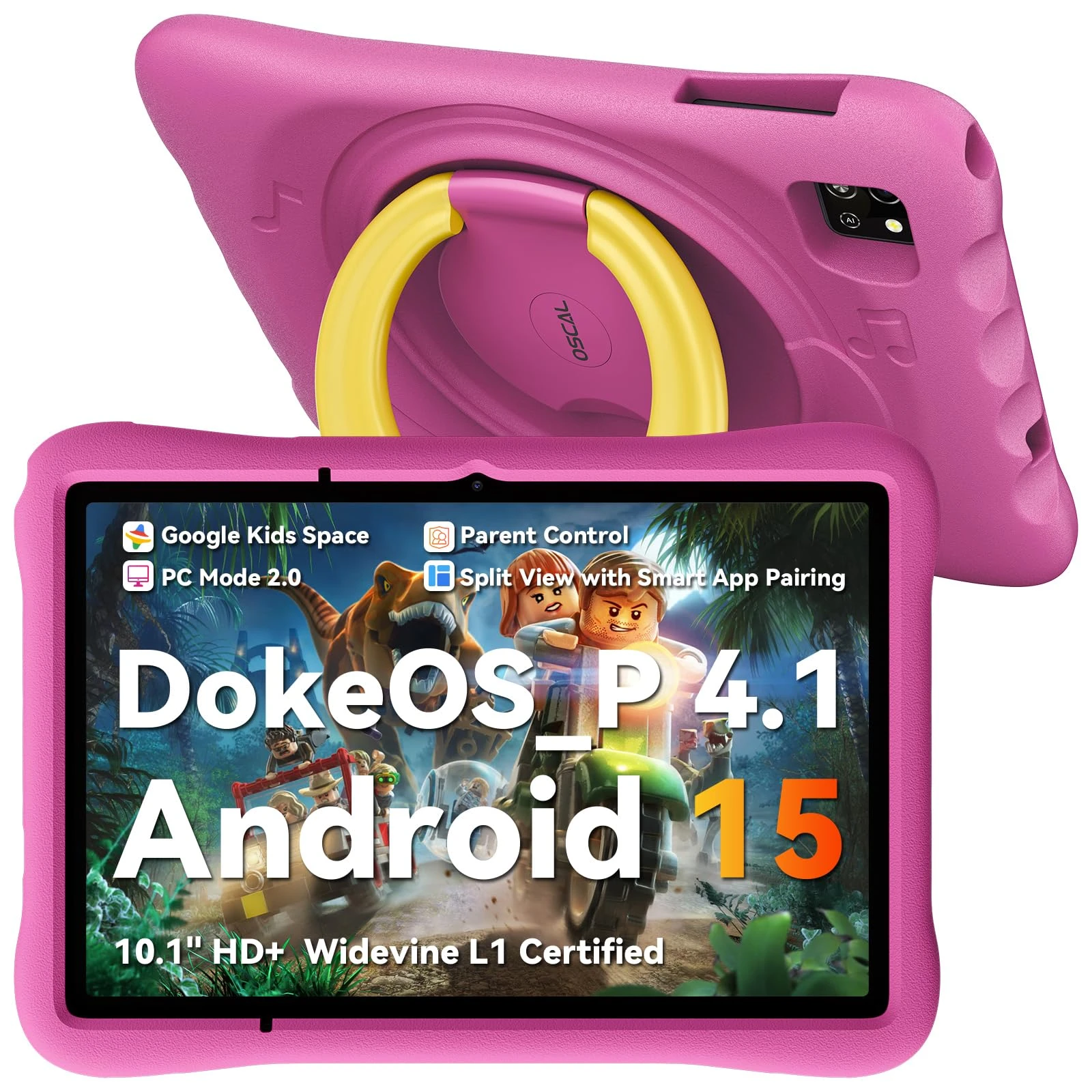 OSCAL Kids Tablet 10 Inch, Android 15 Tablet for Kids 3-12 Years, Octa-Core, 12GB RAM, 128GB ROM/512GB TF, 5100mAh, 5MP+8MP, Eye-Friendly HD, Parental Controls, Kid-Proof Case, WiFi&Bluetooth,Pink