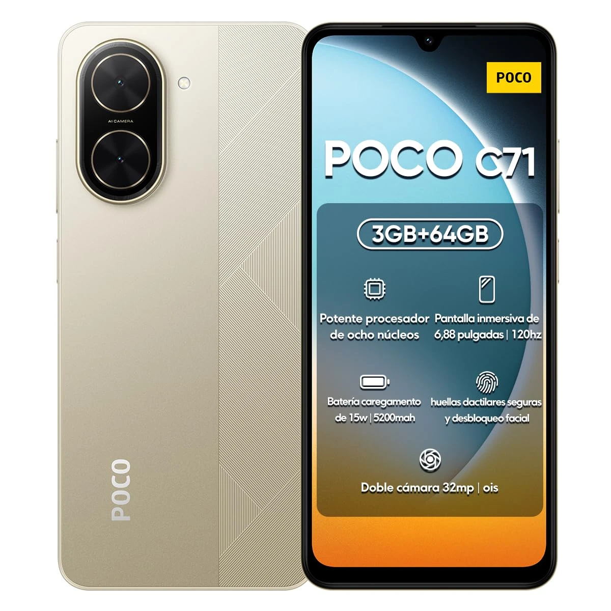 Xiaomi POCO C71 4G Smartphone 3GB+64GB Gold, UNISOC T7250 Octa-Core Processor, Immersive 6.88" 120Hz display, Massive 5200mAh battery, Clear 32MP AI dual camera (UK Version + 2 Years Warranty)