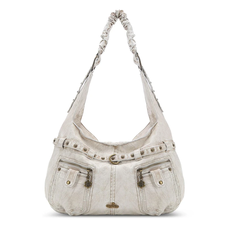Angel Kiss Purses for Women Large Hobo Shoulder Bags Vagen Leather Multi-Pocket Tote Bag Ladies Designer Handbags with Studs, Beige, L
