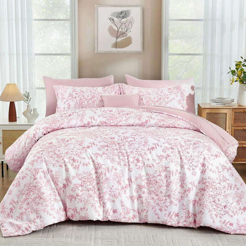 WONGS BEDDING King Size Comforter Set, 8 Pieces Pink Floral Bed in a Bag Comforter Sets, Botanical Print Soft Fluffy Microfiber Complete Bedding Sets for All Season (90"x104")