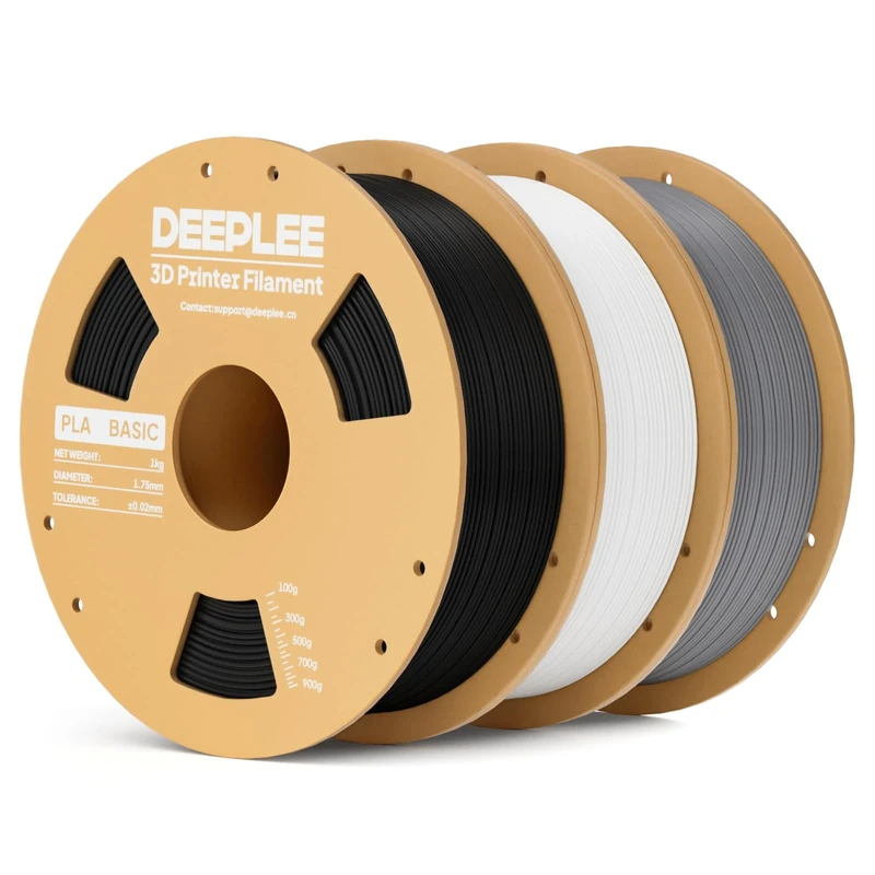 DEEPLEE PLA Basic 1.75mm 3D Printer Filament, 3D Printing Filament with Dimensional Accuracy +/- 0.02 mm, Neatly Wound, Fits for Most FDM 3D Printers, 3KG Black White Grey