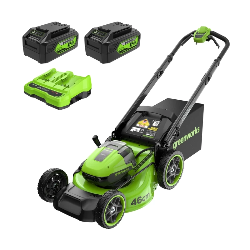 Greenworks 48V (24V x 2) Self Propelled Cordless Lawnmower for Large Lawns up to 460m2, 46cm Cutting Width, 55L Bag, Lawnmower with Two 4Ah Batteries and Twin Charger, 3 Year Guarantee MO48L424-01
